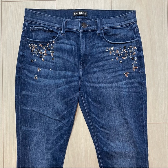 Express Rhinestone Mid Rise Legging Dark Denim Jeans - Picture 4 of 5